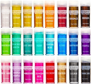 Mica Powder 24 Colors Shake & Pour Jars Set TECHAROOZ Epoxy Resin Dye– 240g/8.47oz - Cosmetic Grade Pigment Powder for Bath Bombs, Lip Gloss, Soap Making, Slime & Aroma Beads Colorant